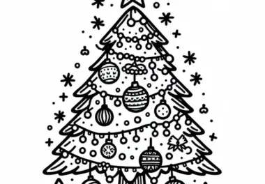 Kostenloses Ausmalbild eines Weihnachtsbaums mit Kugeln und Stern für den 10. Dezember