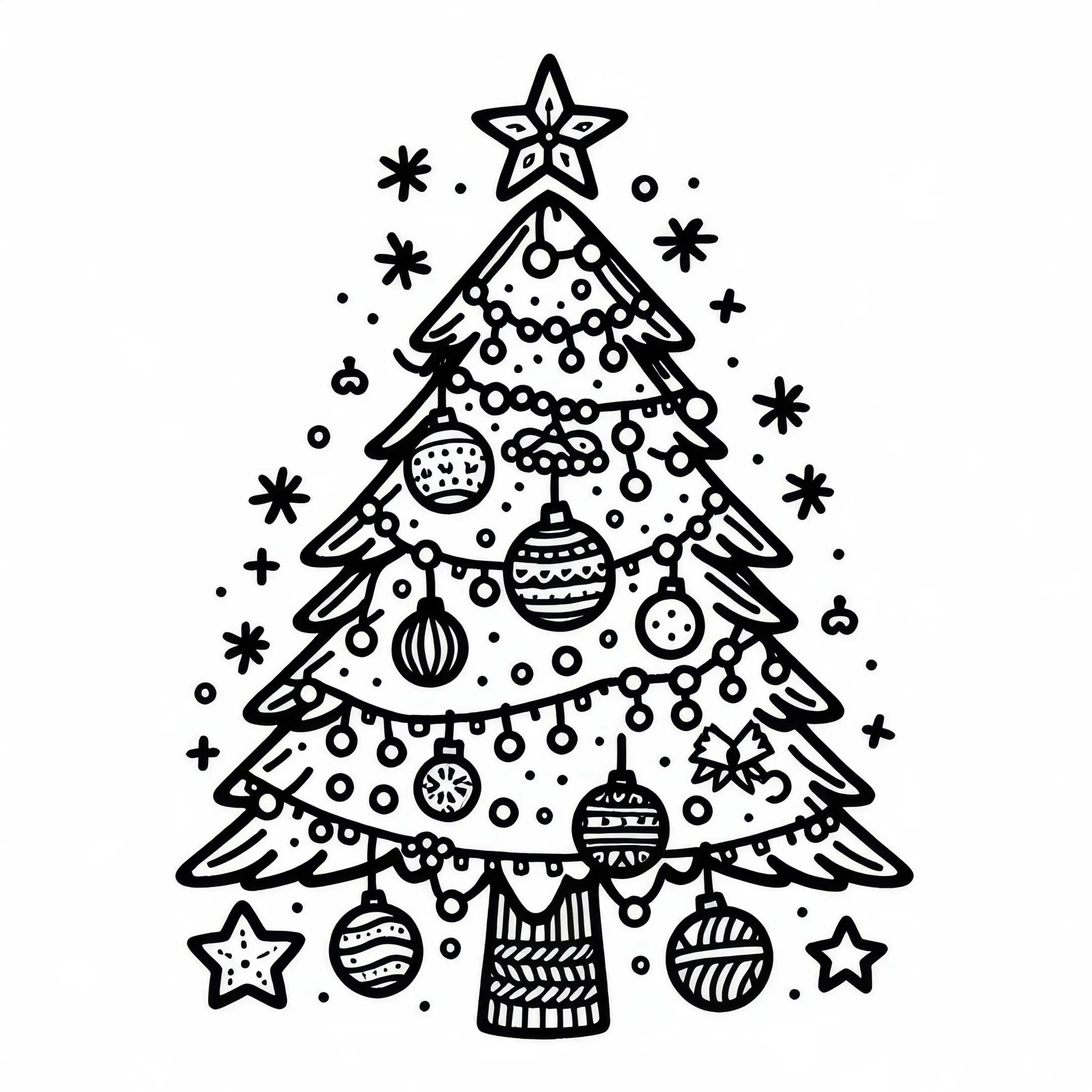Kostenloses Ausmalbild eines Weihnachtsbaums mit Kugeln und Stern für den 10. Dezember