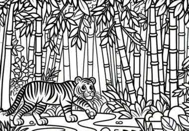 Tiger im Dschungel mit Bambus: Einfaches Ausmalbild (Kostenlos)
