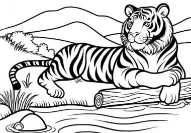 Tiger am Ufer eines Flusses: Malvorlage zum Download (Kostenlos)