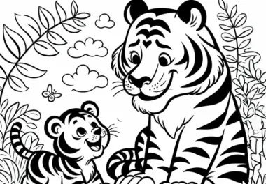 Tigerjunges spielt mit Mutter: Niedliche Malvorlage (Kostenlos)