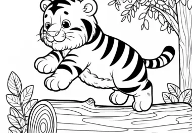 Tigerjunges auf Baumstamm: Einfache Malvorlage (Gratis)