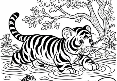 Tiger im Fluss: Einfache Malvorlage (Kostenlos)