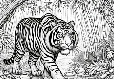 Tiger im Dschungel mit Bambus: Detailreiche Malvorlage (Gratis)