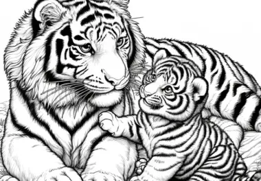 Tigerjunges spielt mit Mutter: Detailreiche Malvorlage (Kostenlos)
