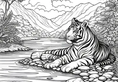 Tiger am Ufer eines Flusses: Detailreiche Malvorlage (Gratis)