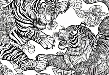 Tiger im Kampf: Malvorlage zum Herunterladen (Kostenlos)
