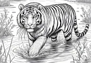Tiger im flachen Fluss: Ausmalbild zum Download (Kostenlos)