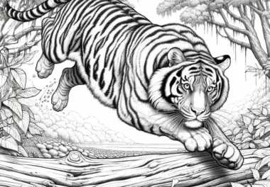 Tiger springt über Baumstamm: Ausmalbild zum Herunterladen (Gratis)
