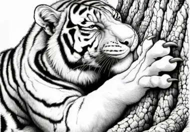 Tiger schärft Krallen an Baumrinde: Kostenloses Ausmalbild