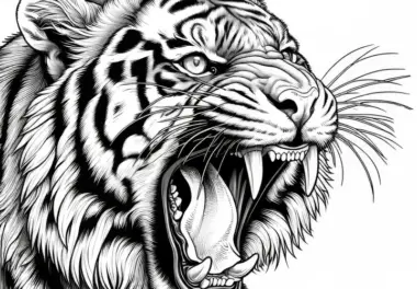 Tiger mit scharfen Zähnen: Detailreiche Malvorlage (Gratis)