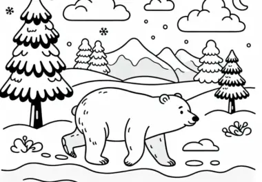 Eisbär in verschneiter Landschaft: Einfaches Ausmalbild (Gratis)