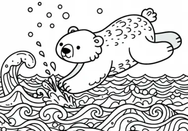 Eisbär taucht ins eiskalte Wasser: Einfaches Ausmalbild (Gratis)