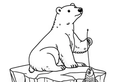 Eisbär fängt Fisch: Einfache Malvorlage (Gratis)