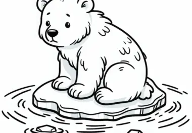 Kleiner Eisbär auf Eisscholle: Einfaches Ausmalbild (Gratis)