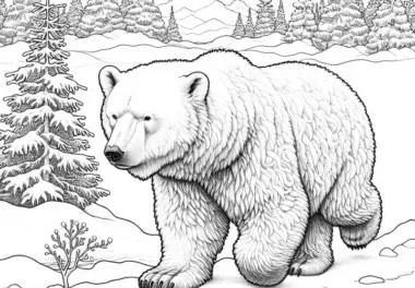 Eisbär in verschneiter Arktislandschaft: Detailliertes Ausmalbild (Kostenlos)