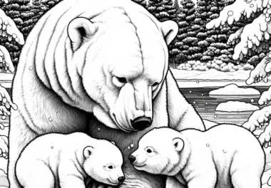 Eisbärenmutter mit ihren Jungen im Schnee: Detailreiche Malvorlage (Kostenlos)