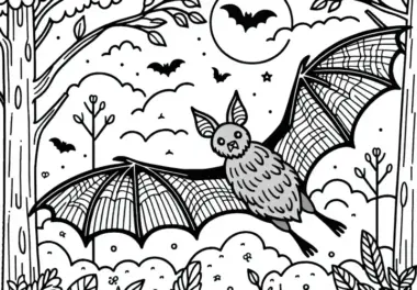 Fledermaus fliegt durch den Wald: Ausmalbild zum Download (Kostenlos)