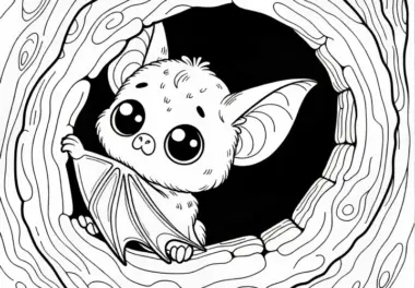 Fledermaus mit großen Augen in Baumhöhle: Kostenloses Ausmalbild