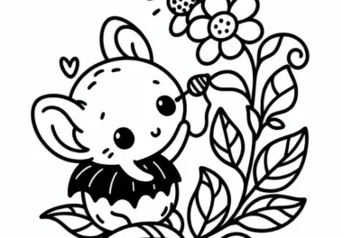 Kleine Fledermaus an der Blüte einer Blume: Einfache Malvorlage (Gratis)