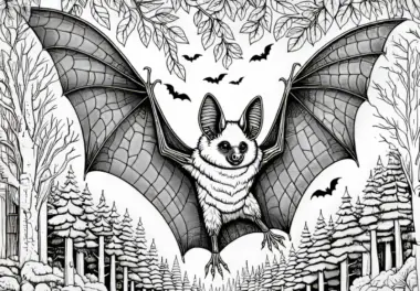 Fledermaus mit ausgebreiteten Flügeln: Detailreiches Ausmalbild (Kostenlos)