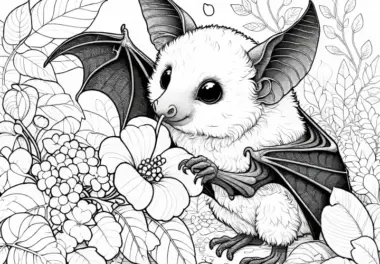 Fledermaus trinkt Nektar aus einer Blüte: Kostenloses Ausmalbild