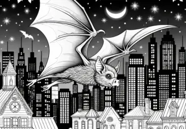 Fledermaus fliegt über Stadt bei Nacht: Ausmalbild zum Download (Gratis)
