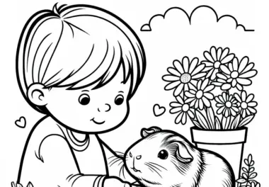 Meerschweinchen mit einem Kind: Ausmalbild zum Download (Gratis)