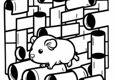 Meerschweinchen rennt durch ein Labyrinth aus Papprollen: Einfaches Ausmalbild (Kostenlos)
