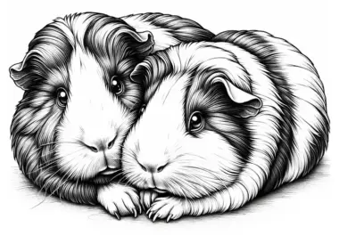 Zwei Meerschweinchen beim Kuscheln: Ausmalbild zum Download (Kostenlos)