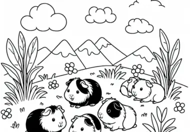 Meerschweinchen spielen auf Wiese: Einfache Malvorlage (Kostenlos)
