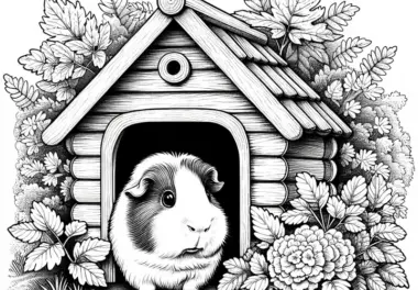 Meerschweinchen schaut neugierig aus seinem Haus: Detailreiche Malvorlage (Gratis)