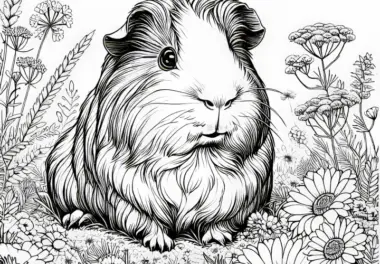 Meerschweinchen sitzt auf Wiese voller Blumen: Detailreiche Malvorlage (Kostenlos)