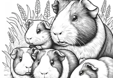 Meerschweinchen Familie auf der Wiese: Ausmalbild zum Herunterladen (Kostenlos)