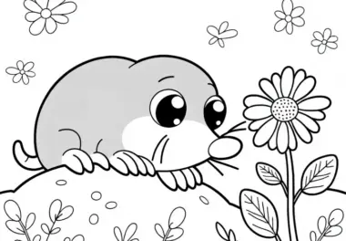 Maulwurf schnuppert an Blume: Einfaches Ausmalbild (Gratis)