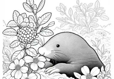 Maulwurf schnuppert an Blume: Detailreiches Ausmalbild (Kostenlos)