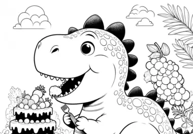 Dinosaurier mit Torte & Weintrauben – Ausmalbild