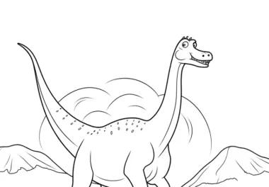 Malvorlage: Lustiger Dinosaurier beim Laufen in einer Landschaft