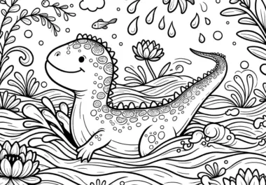 Dinosaurier planscht im See mit Seerosen (Malvorlage)