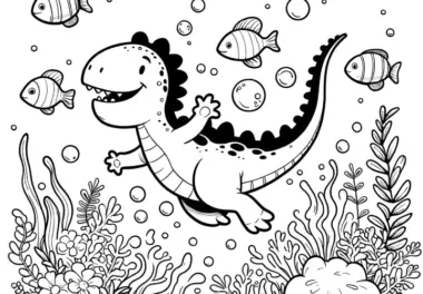 Ausmalbild: Dinosaurier im Wasser mit bunten Fischen