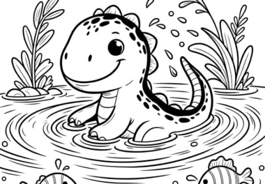 Kleiner Dinosaurier badet im Wasser mit Fischen (Malvorlage)