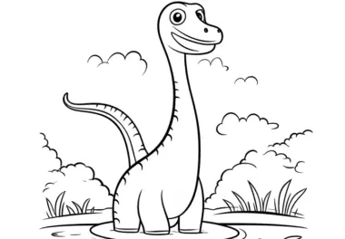 Abenteuer Ausmalbild: Fröhlicher Langhals-Dino im Wasser