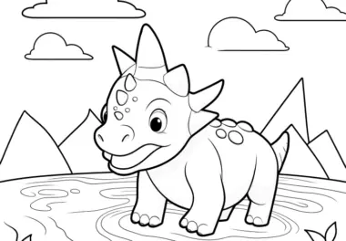 Lächelnder Dinosaurier im Wasser vor Bergen zum Ausdrucken