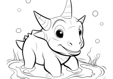 Freundlicher Dinosaurier planscht im Wasser (Ausmalbild)