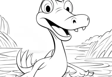 Dinosaurier im Wasser mit Wasserfall und Pflanzen (Malvorlage)