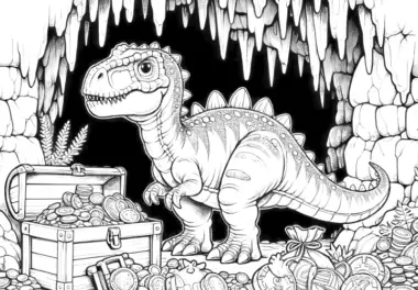 Dinosaurier in der Höhle mit Schatztruhe (Malvorlage)