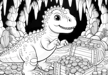 Neugieriger Dinosaurier bewacht Schatztruhe – Bild zum Ausmalen