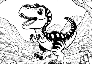 Freundlicher Dinosaurier vor Berglandschaft: Malspaß für Kids