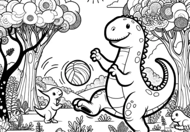 Zum Download: Zwei freundliche Dinosaurier im Wald mit Ballspiel