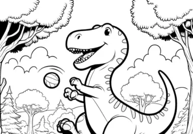 Fröhlicher Dinosaurier mit Ball beim Spielen in der Natur